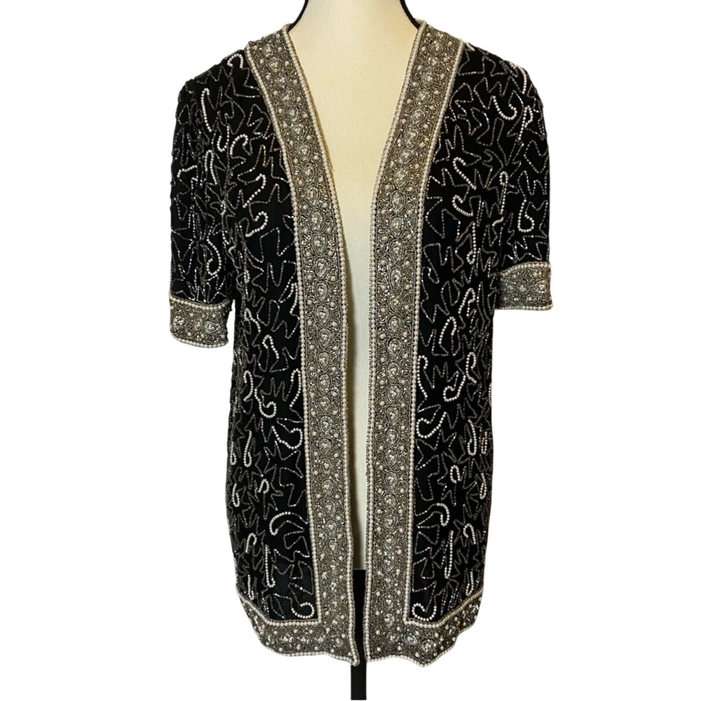 Vintage Laurence Kazar Women's Silk Beaded Top Jacket Size‎ Small Short Sleeve